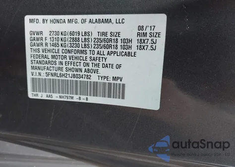 2018 Honda Odyssey Lx z USA, uszkodzony, nr VIN 5FNRL6H21JB034782